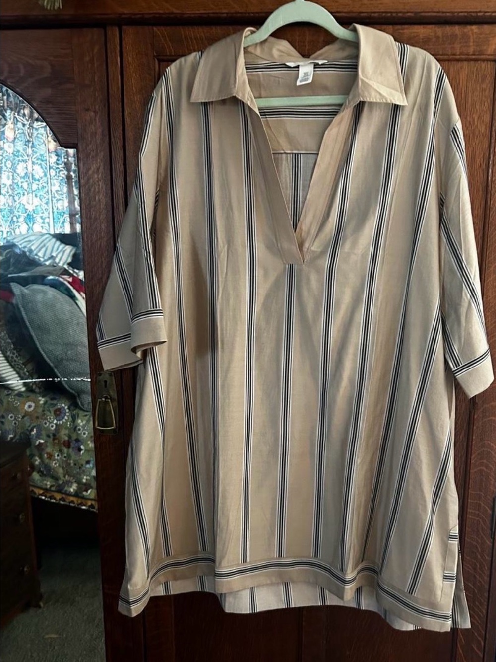 H&M Beige Striped Button-Down Shirt Dress